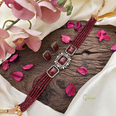 Unique Layered Victorian Diamond High Neck Choker-Red Bead-VV1887